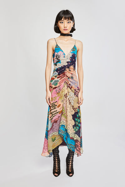 Front view of Trencadís multi-color dobby maze maxi dress.