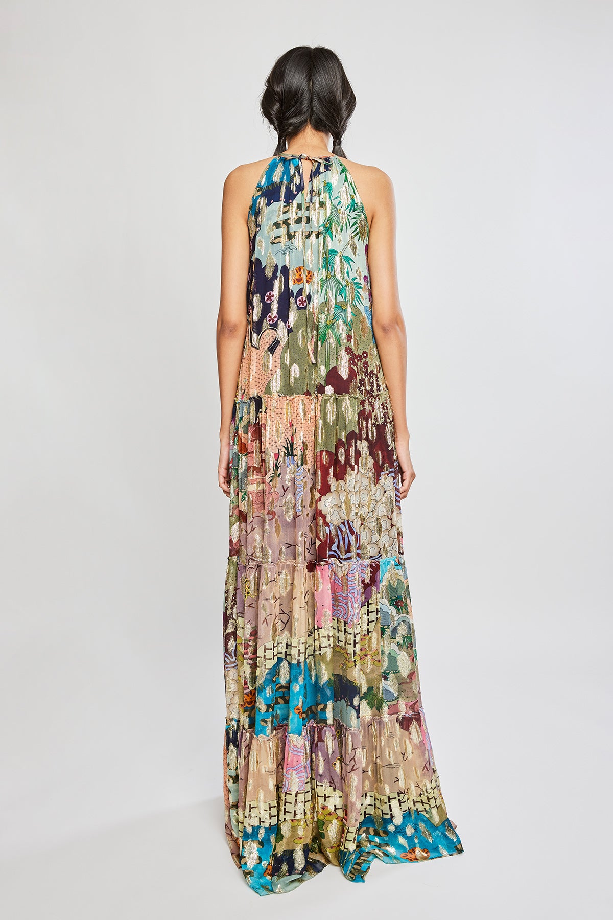Back view of Trencadís dobby maze neck maxi dress