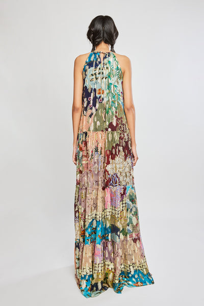 Back view of Trencadís dobby maze neck maxi dress