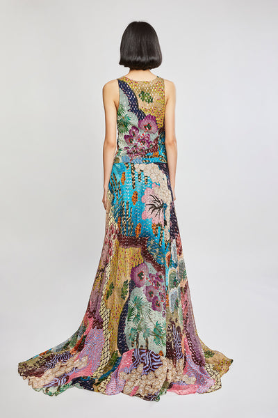 Back view of Trencadís dobby maze maxi dress with asymmetric hemline