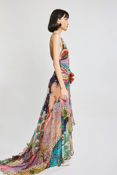Right side view of Trencadís dobby maze maxi dress with asymmetric hemline