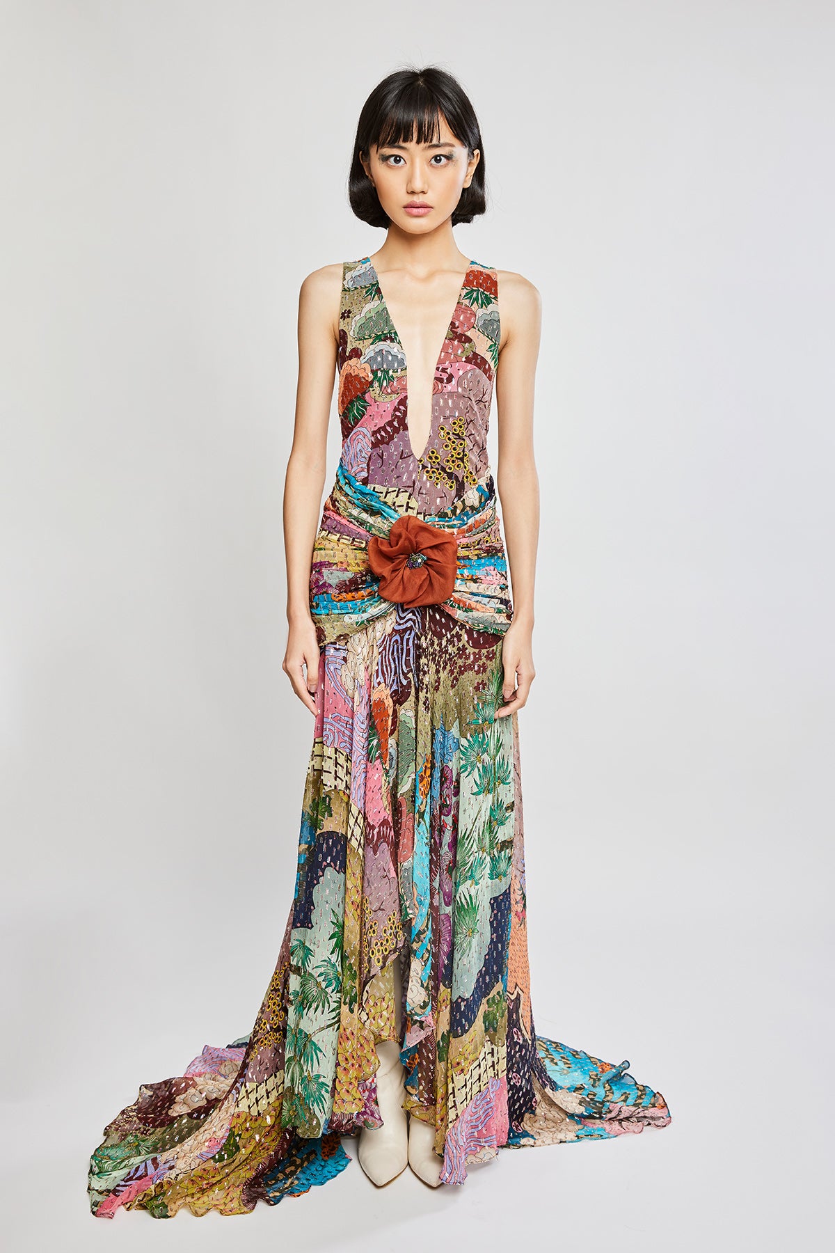 Front view of Trencadís dobby maze maxi dress with ruched waist