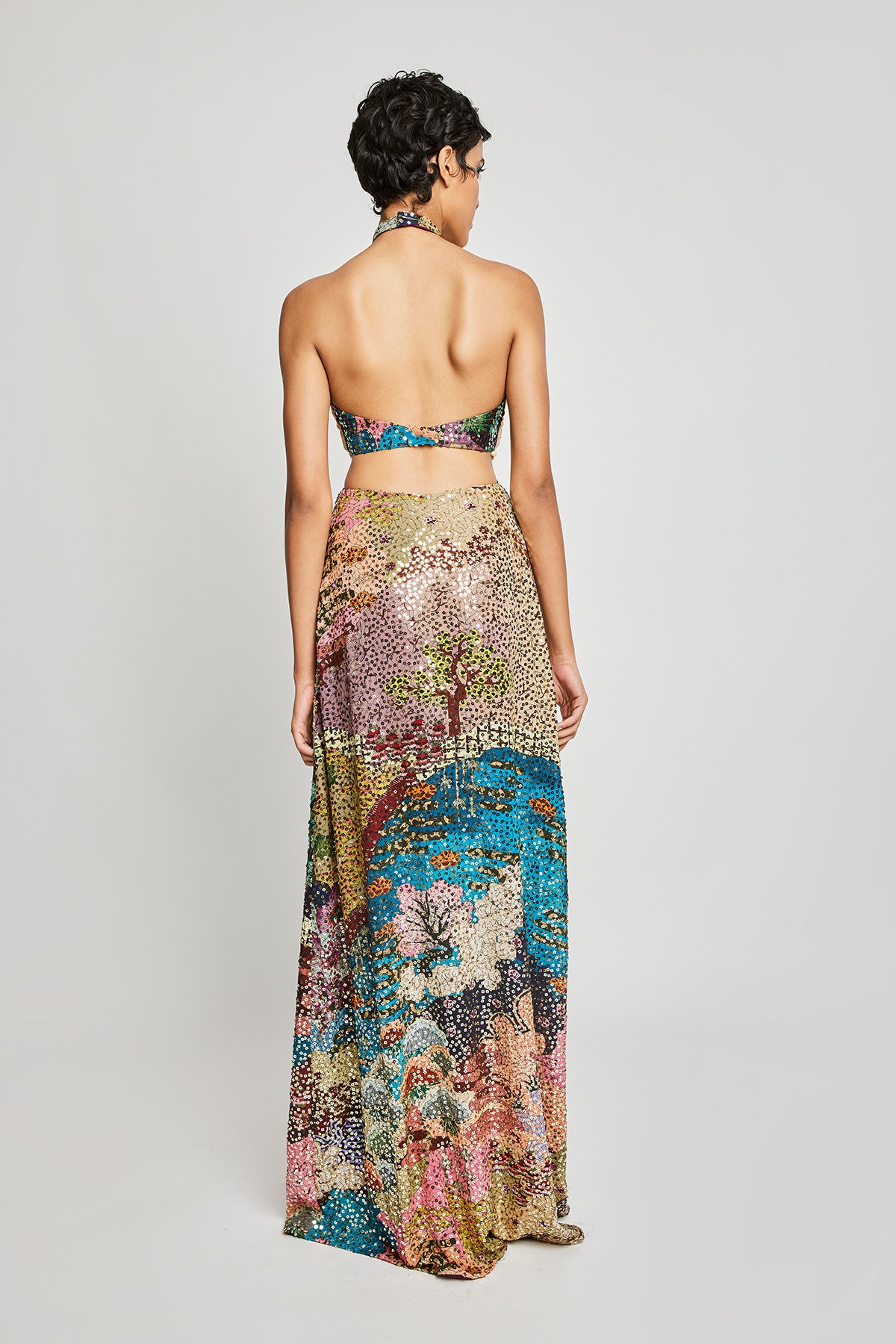 Right side view of the Trencadís maze sequin embellished gown with beaded bodice