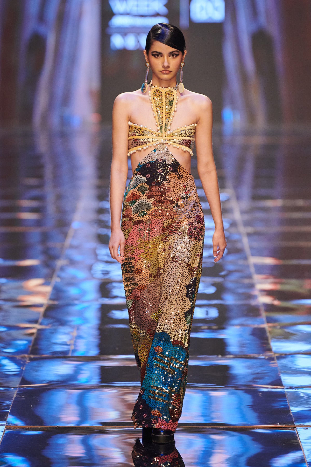 Close-up of the right side sequin embellishments on the Trencadís maze gown