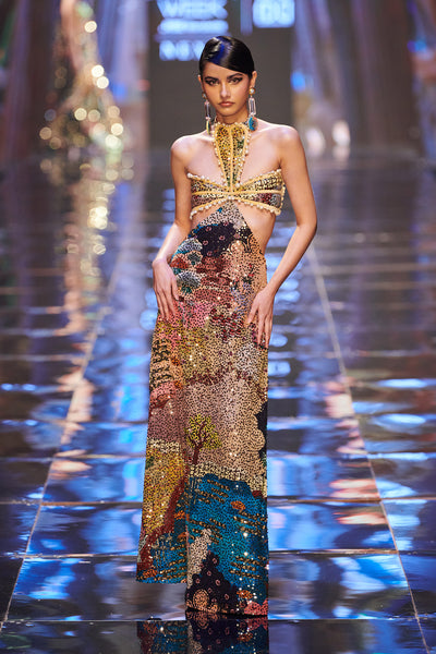  Back view of the Trencadís maze sequin embellished gown with beaded bodice