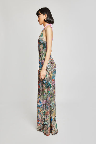 Close-up of right side sequin embellishments on gown