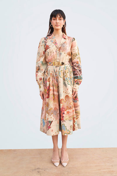 Front view of Peach Starboard & Port collared dress with long sleeves.