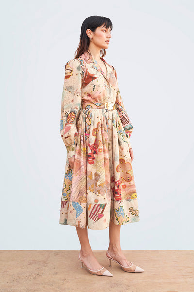 Left profile of Peach collared dress showing side silhouette and pleated skirt flow.