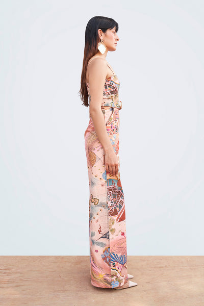 Left profile of peach printed poplin jumpsuit.