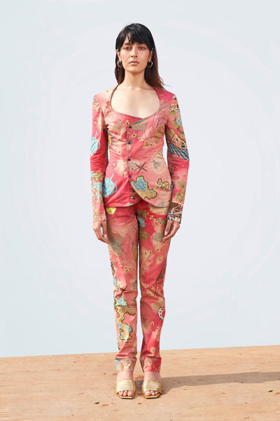 Front view of Pink Starboard & Port fitted poplin print blazer and pant set.