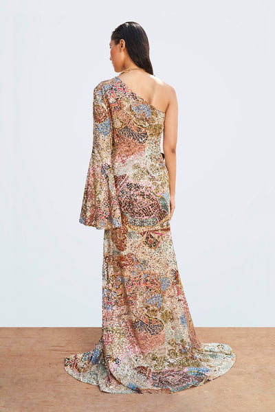 Back profile showcasing Roshni Chopra in the Muse multicolor sequined gown with shimmering couture finish