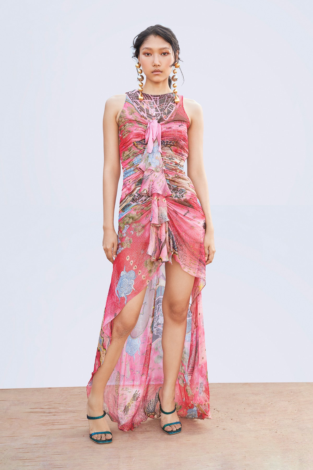 Front view of Starboard & Port printed gathered dress in Viva Magenta.