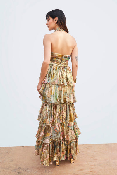 Right side view of Starboard & Port gold top and midi skirt.