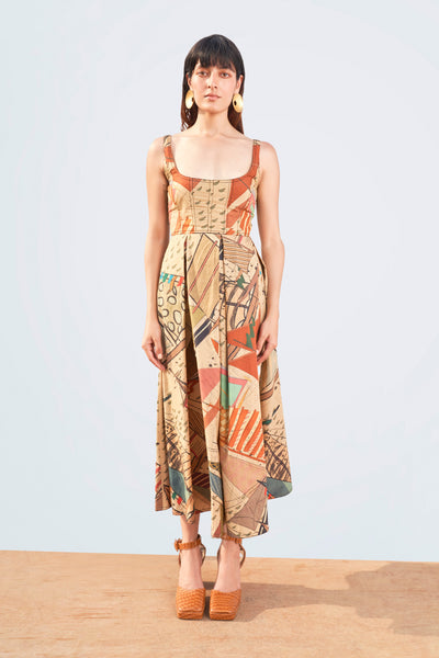 Left profile of pink poplin print blazer and pant set.