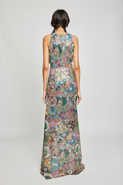 Close-up of right side print and embellishments