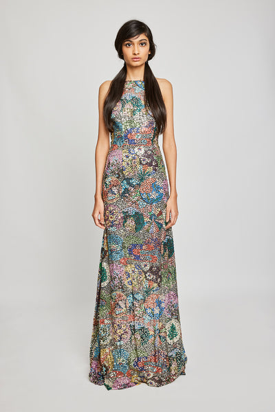 Left side view of Trencadís grey circle printed gown