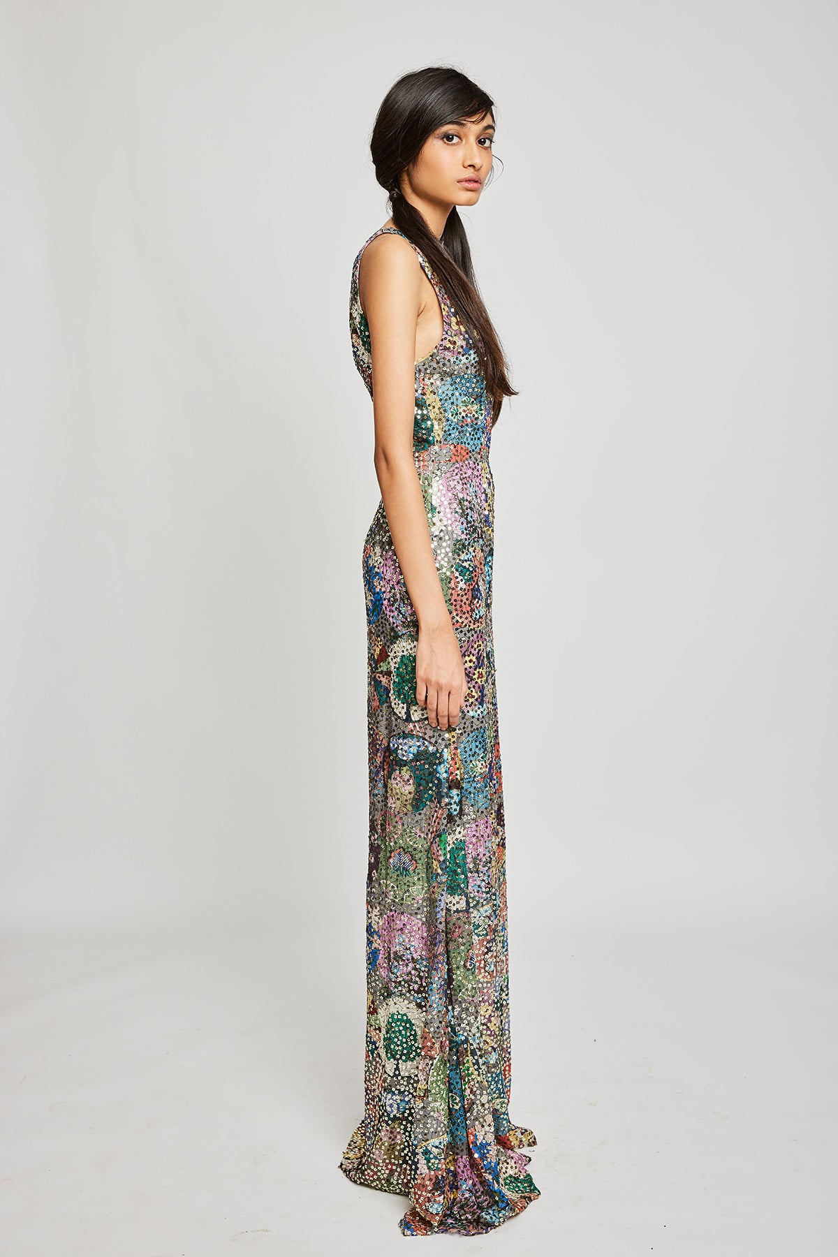 Close-up of left side print and embellishments