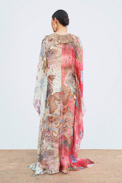 Back view of multi-color Starboard & Port printed kaftan with embellished neckline trim