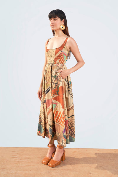 Right side view of printed blazer and pant set.