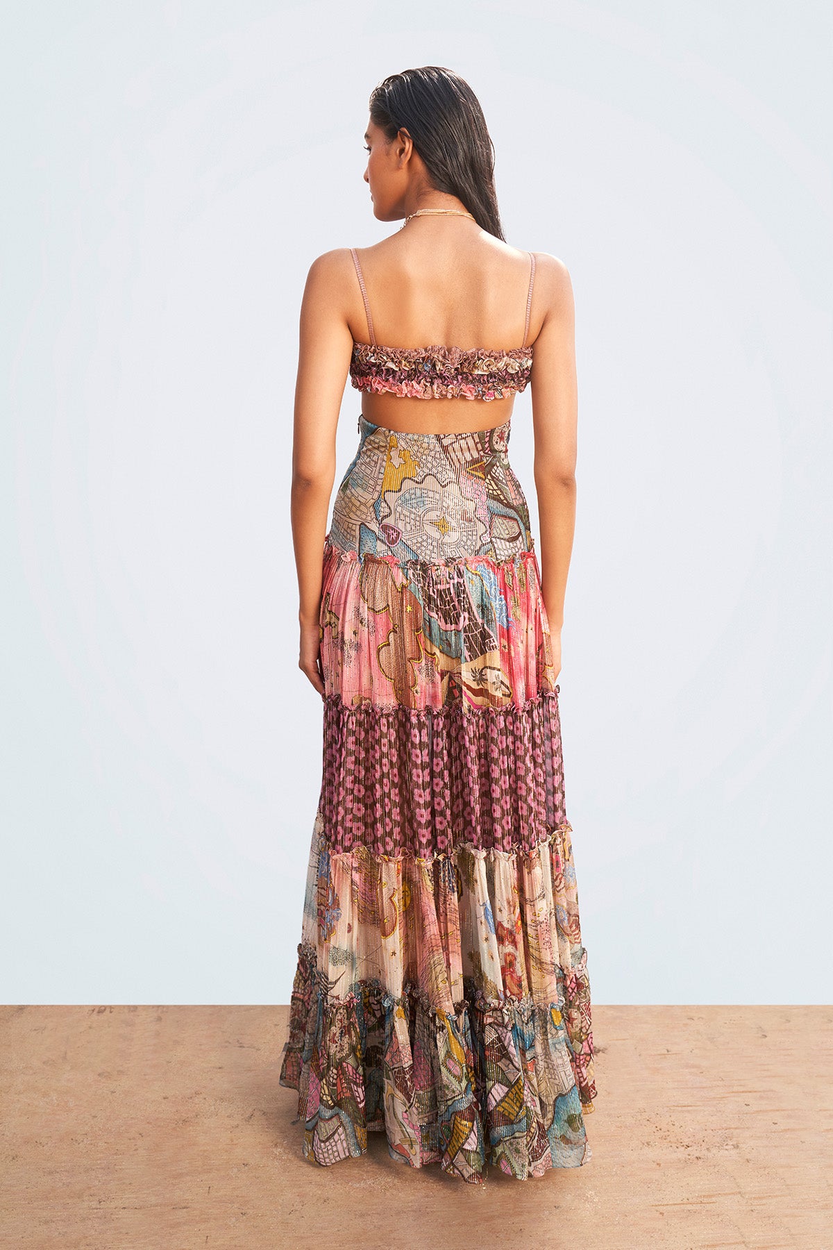 Close-up of right panel ruffle trims and fabric texture.