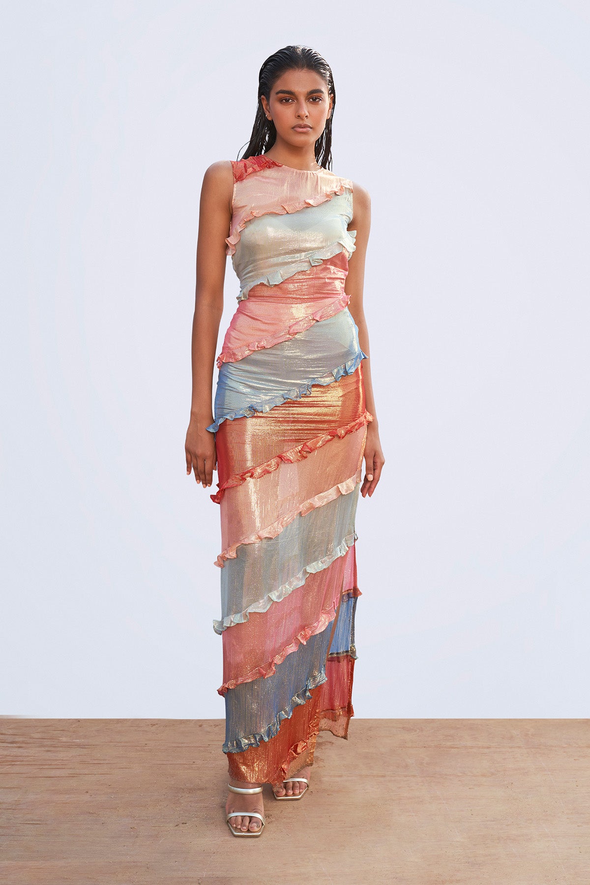 Front view of multicolor Starboard & Port sleeveless candy dress.