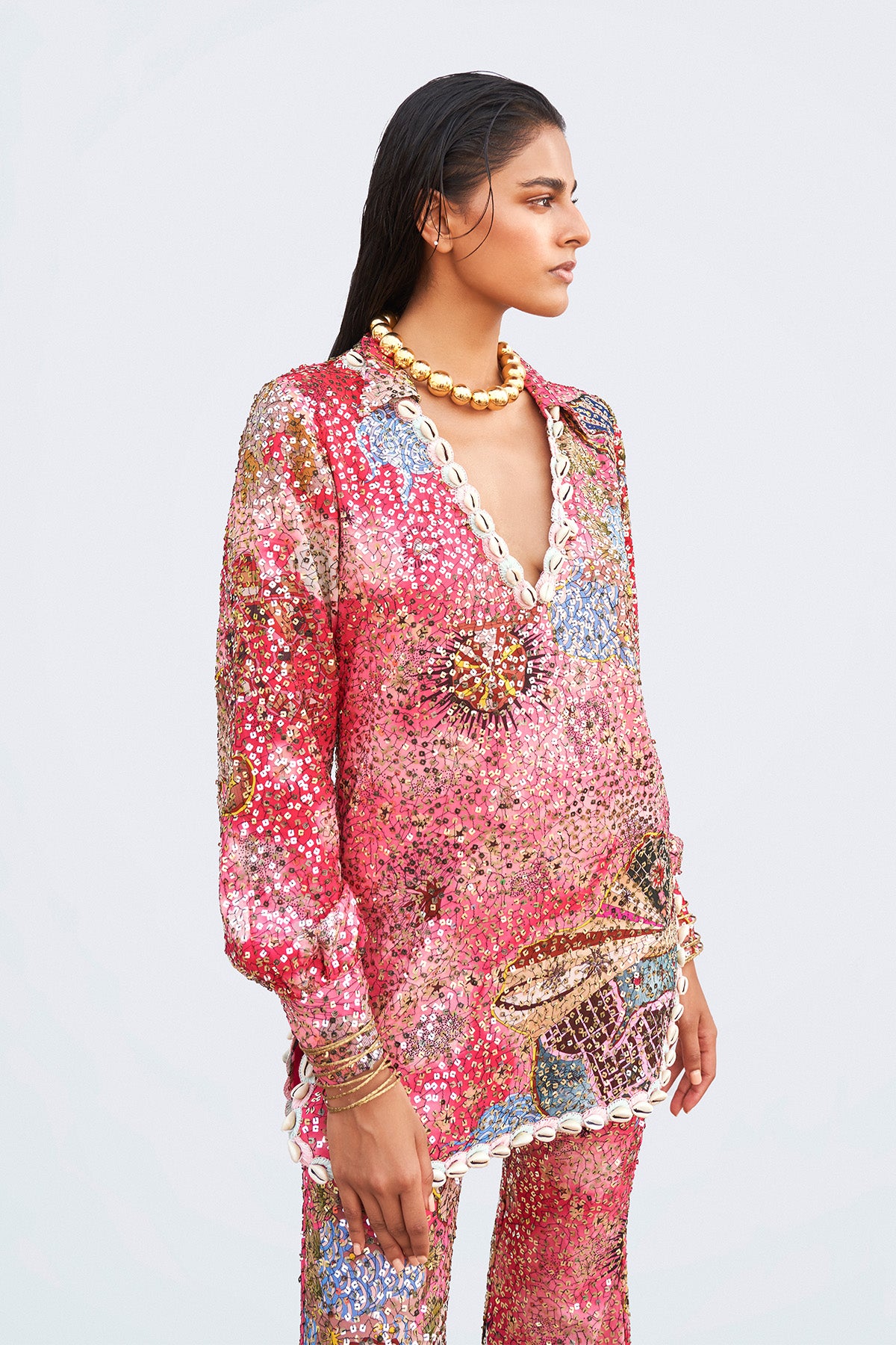 Close-up of sequin appliqué and shell trim on dress tunic neckline.