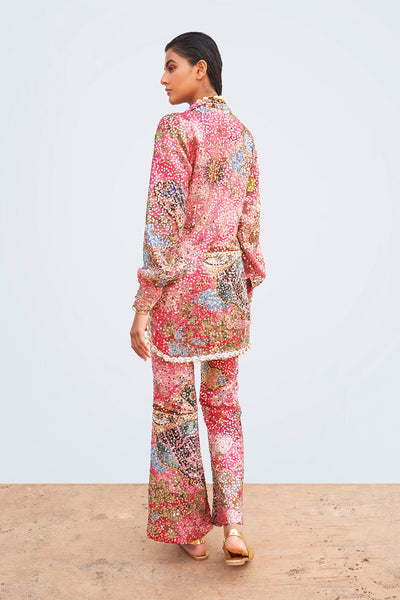 Right side view of sequin appliqué dress tunic with trousers.