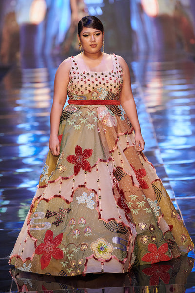 Front view of Trencadís blue embellished sleeveless gown.