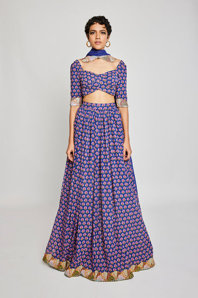 Front view of the Trencadís blue dobby embellished lehenga set