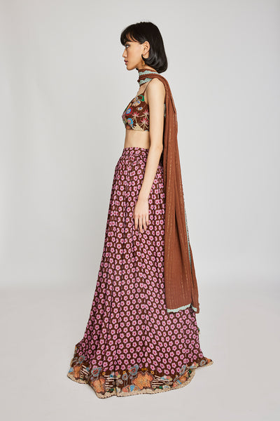Close-up of the left side floral details on the Trencadís brown dobby lehenga set