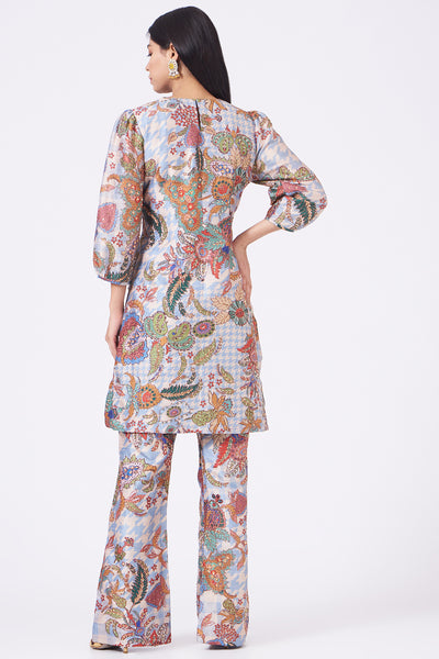 Back view of light blue juna printed and embellished raw silk kurta and pant