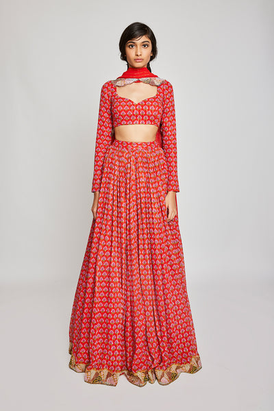 Front view of the Trencadís red dobby embellished lehenga set