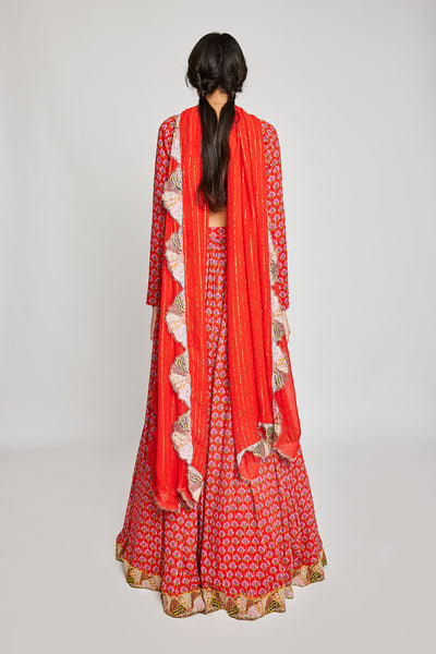 Close-up of the left side embellishments on the Trencadís red dobby lehenga set

