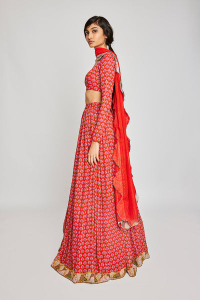  Left side view of the Trencadís red dobby embellished lehenga set