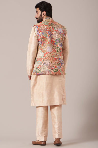 Back view of red juna raw silk printed and embellished bundi with cream raw silk kurta and pants