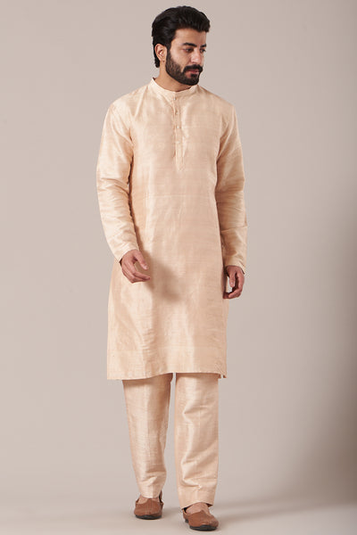 Front view of red juna raw silk printed and embellished bundi with cream raw silk kurta and pants