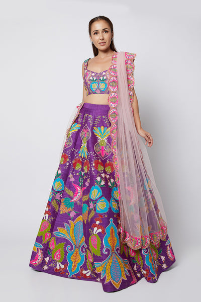 Front view of violet nadenka raw silk appliquéd lehenga with blouse and cutwork tulle dupatta