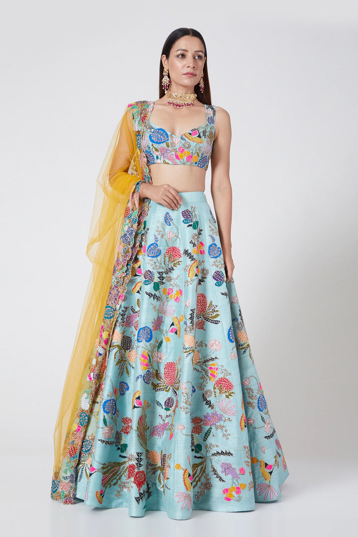 Front view of Avatar Blue pastiche raw silk appliquéd lehenga with blouse and cutwork tulle dupatta