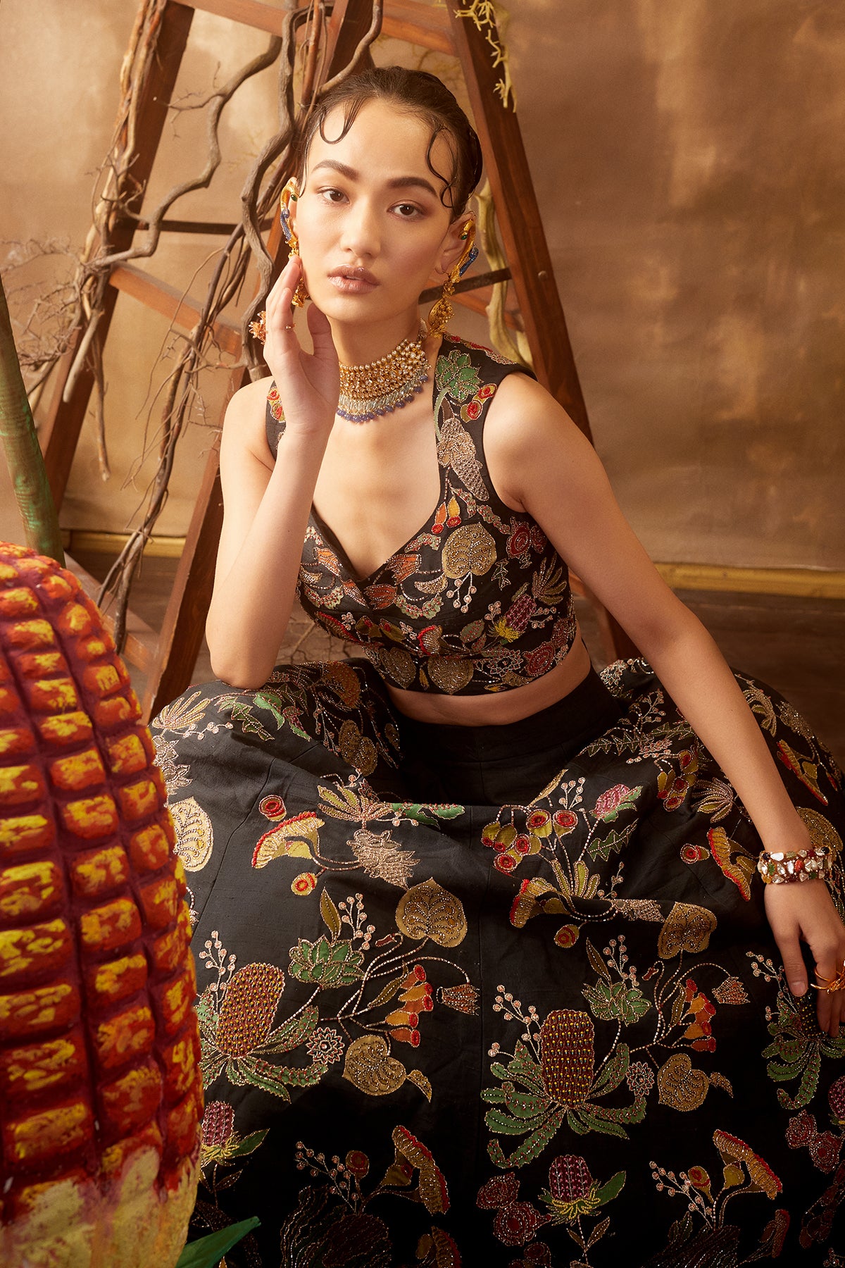 Close-up of left side appliqué and dupatta details