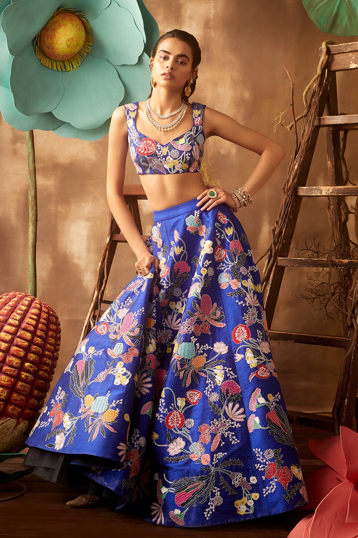 Front view of electric blue pastiche raw silk appliquéd lehenga with blouse and cutwork dupatta