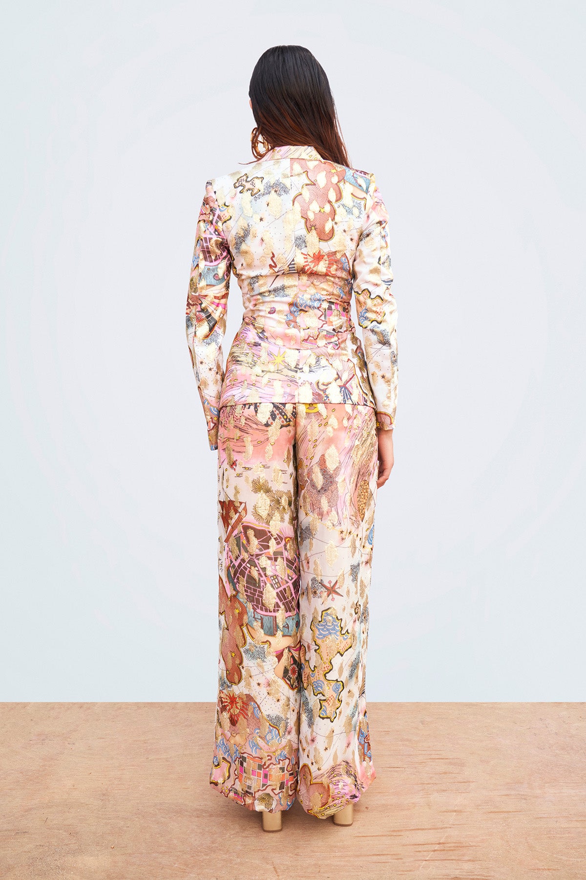 Close-up of print and stitching on left jacket panel.