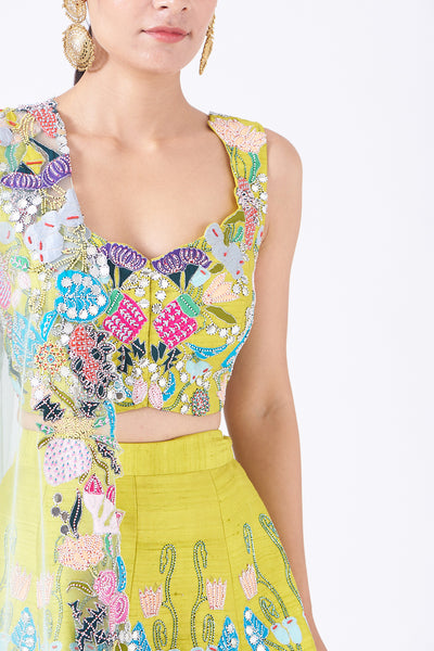 Close-up of front appliqué and embellishments on lime lehenga set