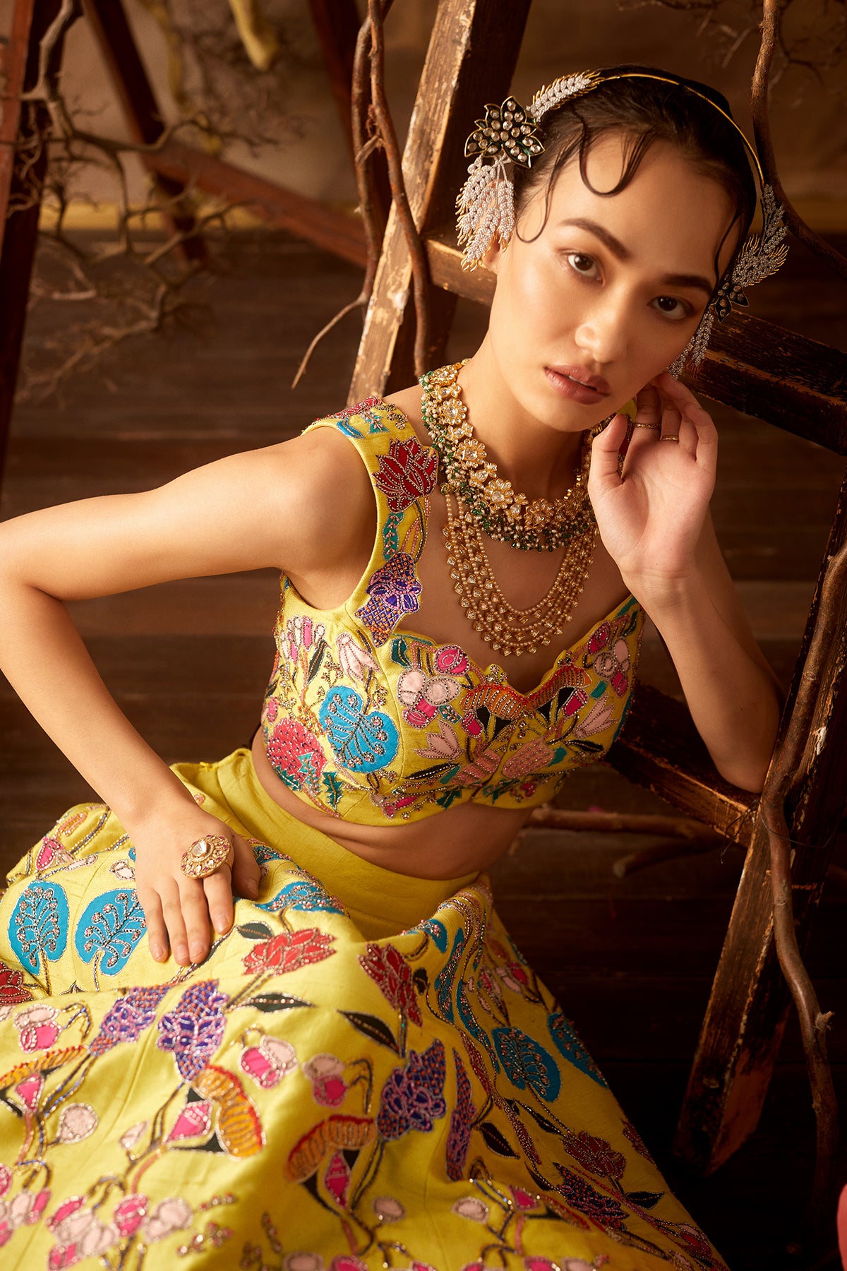 Close-up of right side appliqué and dupatta details