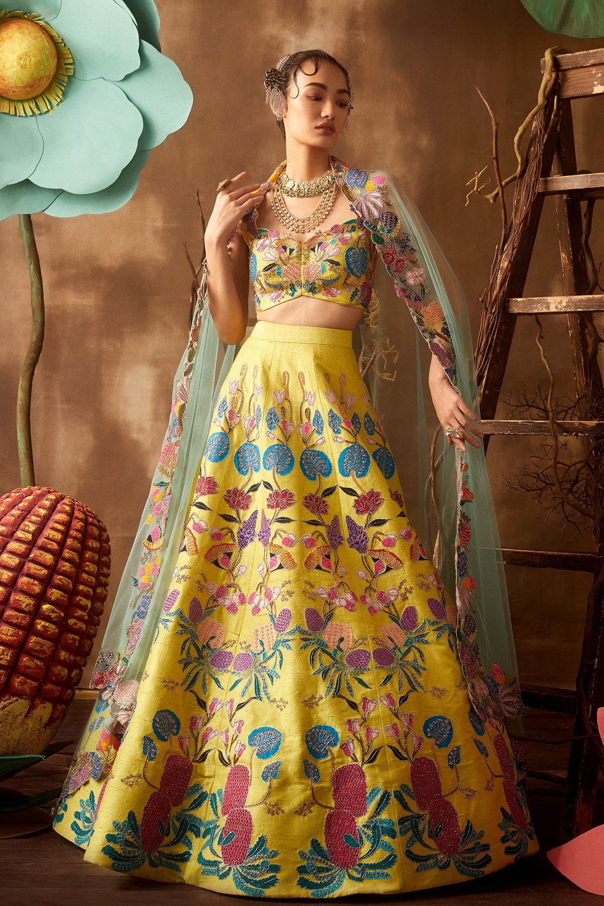 Front view of lime pastiche raw silk appliquéd lehenga with blouse and cutwork dupatta