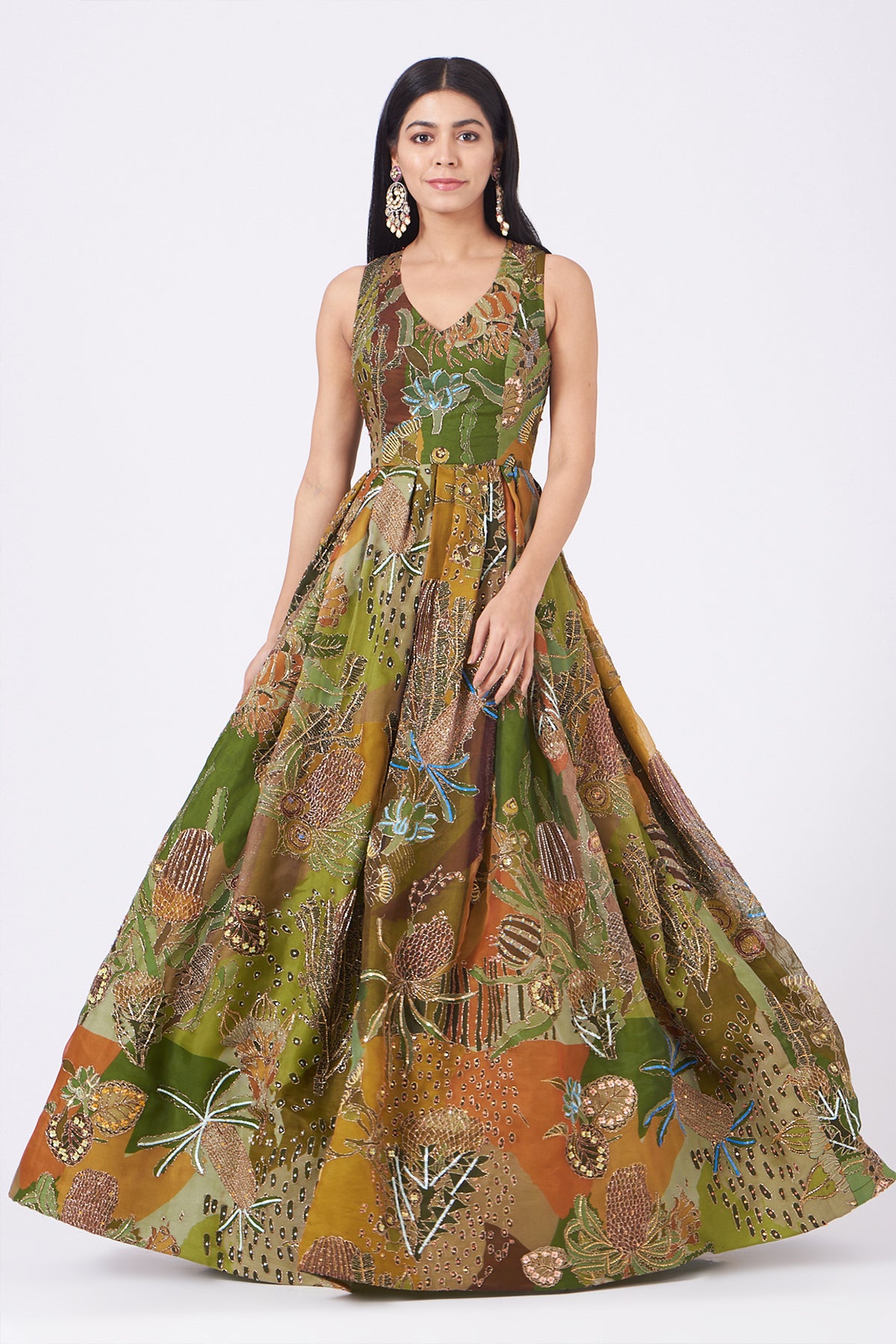 Front view of olive green pastiche organza printed and embellished gown
