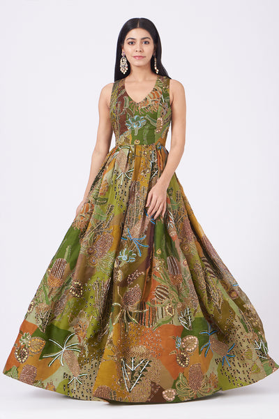 Front view of olive green pastiche organza printed and embellished gown
