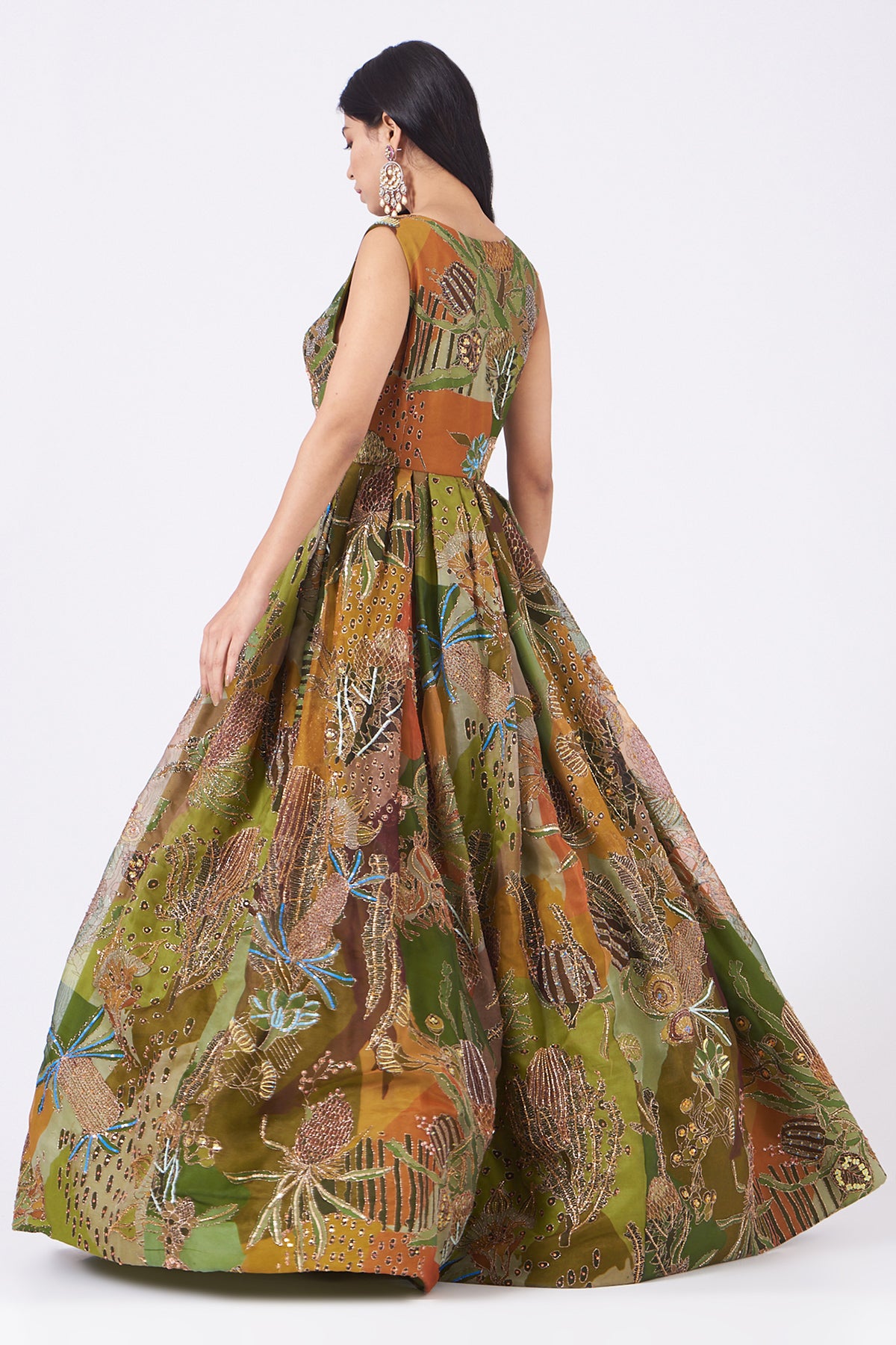 Back view of olive green pastiche organza printed and embellished gown
