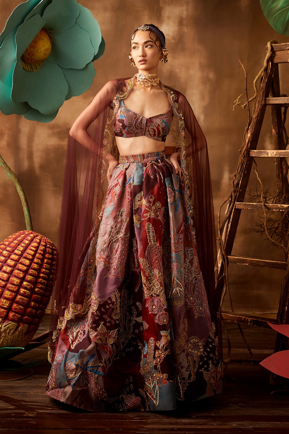 plum pastiche organza printed and embellished top and skirt with scallop dupatta