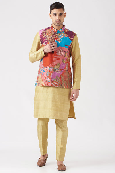 Front view of plum pastiche raw silk printed and embellished bundi with raw silk kurta and pants