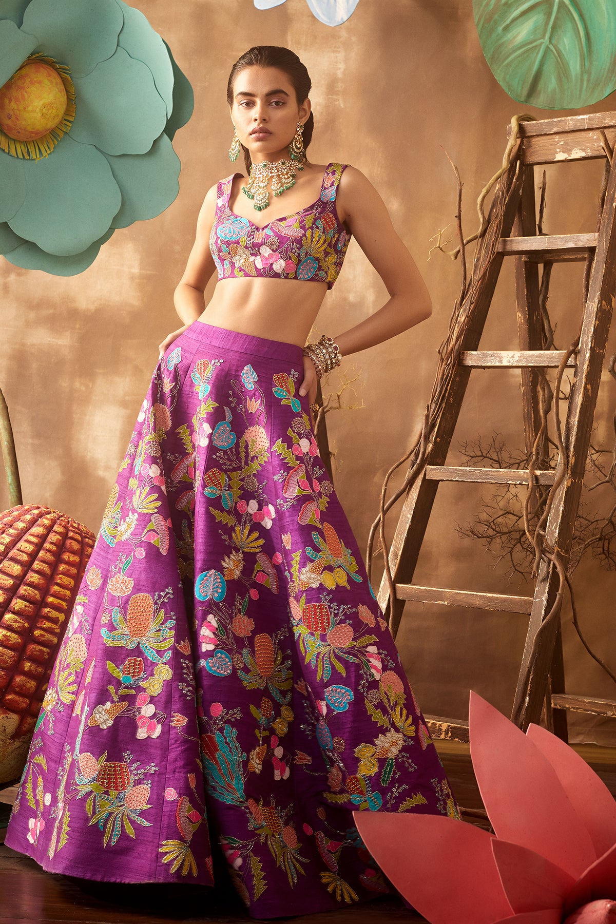 Front view of purple pastiche raw silk appliquéd lehenga with blouse and cutwork dupatta